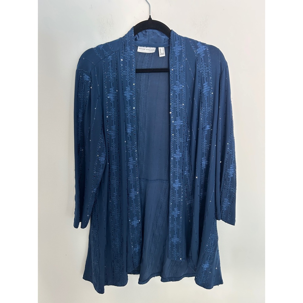 Susan Graver Teal Blue Sequin Embroidered Open Front Cardigan Jacket Womens M